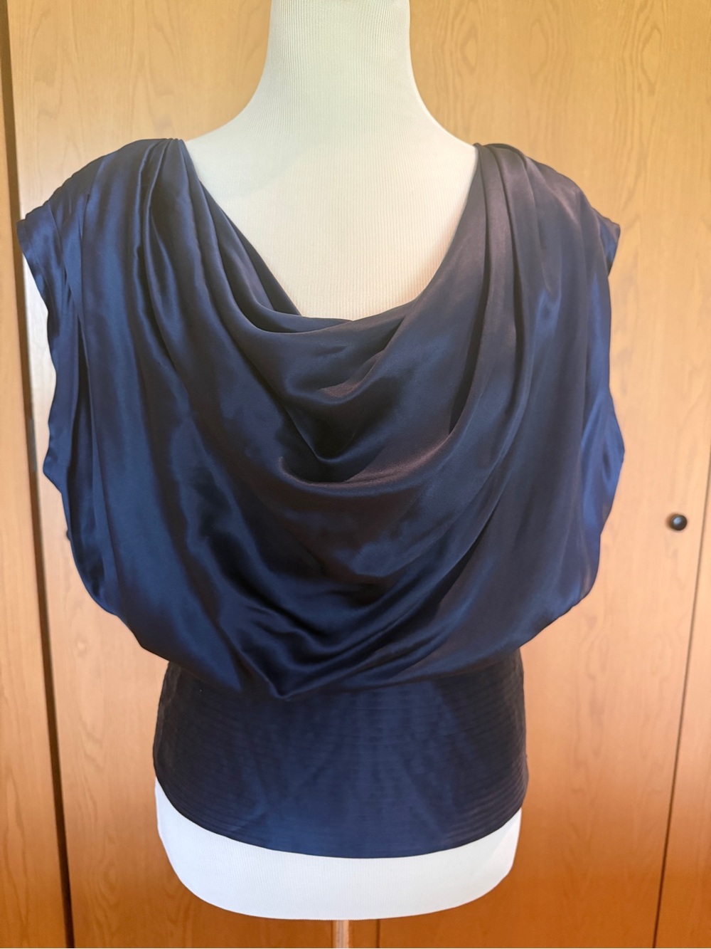 Catherine Malandrino 100% Silk Navy Draped Cowl Neck Blouse Top Size 4